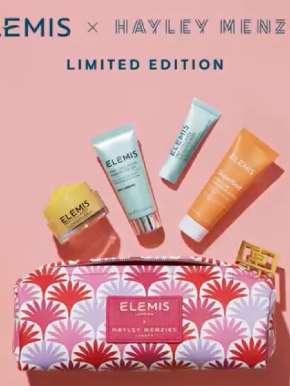 ELEMIS Pink Floral Zip Cosmetic Pouch with Assorted Skincare